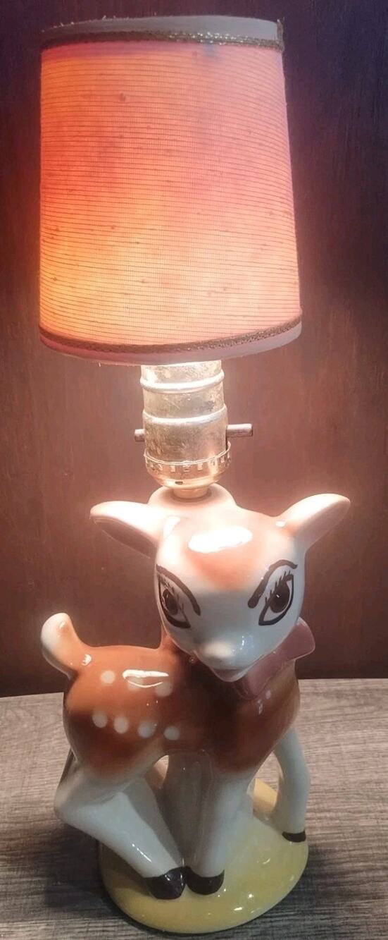 Vintage Deer Lamp Mid-Century Fawn 1950s Bambi Kitschy Cute W/ Clip-on Shade